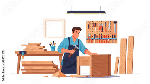 Crafting with Precision: A skilled artisan, clad in a work apron, meticulously hammers a wooden plank. In the well-lit workshop, a symphony of tools and raw timber promises creative mastery.