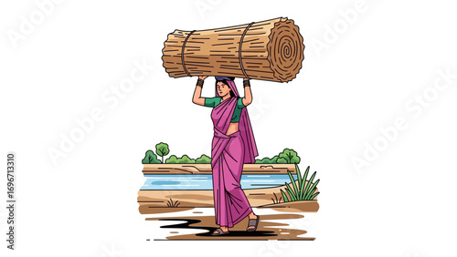 Woman Carrying Load: A depiction of a woman gracefully carrying a heavy burden, showcasing resilience and determination while navigating the rugged beauty of the land.