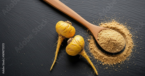 Yellow maca roots with maca powder and wooden spoon on black background — superfood supplement