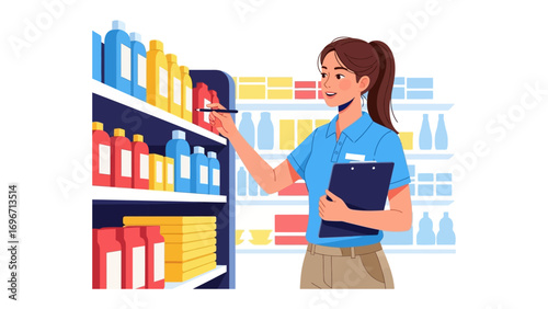 Stocktaking in store: A store employee diligently stocktakes with an analytical attitude, in a brightly lit environment.