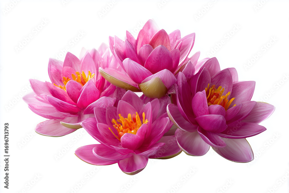 Obraz premium Pink water lilies in full bloom with vibrant petals. Aquatic floral beauty isolated on white background, highlighting delicate texture and natural elegance. 