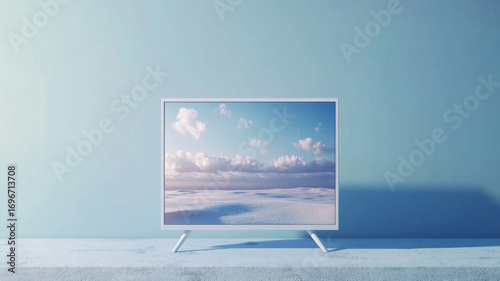Flat-screen tv on blue background. Artificial intelligence image