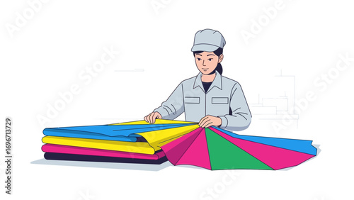 Textile worker arranging fabrics : A skilled textile worker arranges an array of vibrant fabrics, showcasing a spectrum of colors and textures in this expertly crafted, inviting image. 
