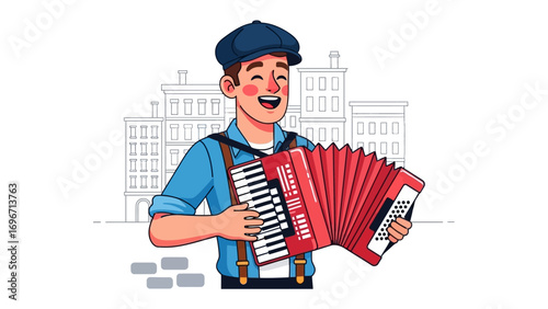 Harmonic Serenade: A jovial street performer in a cap belts out a lively tune on his accordion, bringing joy and melody to the urban landscape.