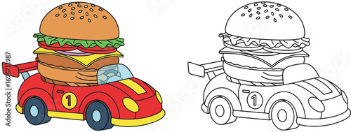 Fast Food Race Car with Burger - Cartoon Vehicle and Meal Fusion