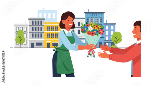 A Flower Exchange: A vibrant illustration captures the moment a cheerful florist hands a beautifully arranged bouquet to a happy customer, set against a backdrop of colorful urban buildings.