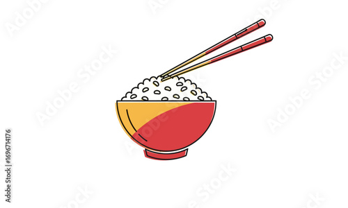 Red and Yellow Bowl Filled with White Rice and Crossed Chopsticks.
