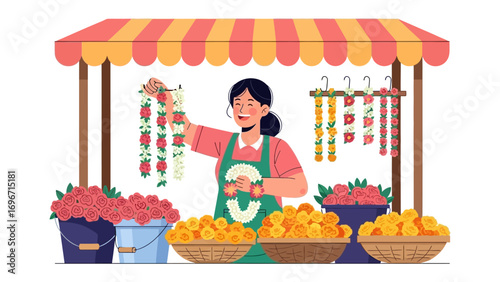 Flower Market Seller: A smiling seller in a vibrant market stall, surrounded by fresh flowers. The scene captures the joy and freshness of a flower market.