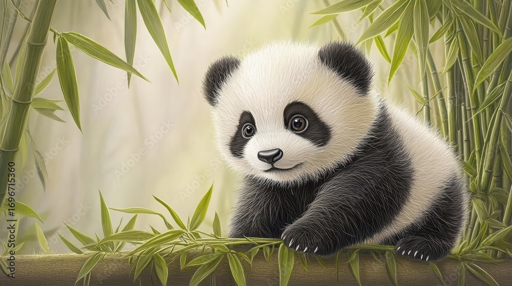Naklejka premium Cute Baby Panda Playfully Exploring a Bamboo Forest Environment