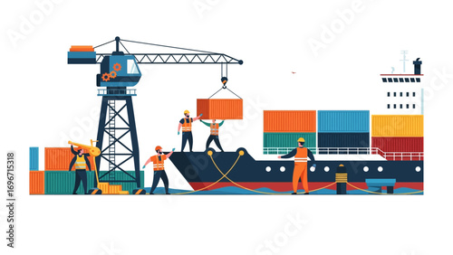 Global Shipping Logistics: A vibrant illustration captures the essence of international trade with a ship being loaded with cargo containers, symbolizing global commerce.