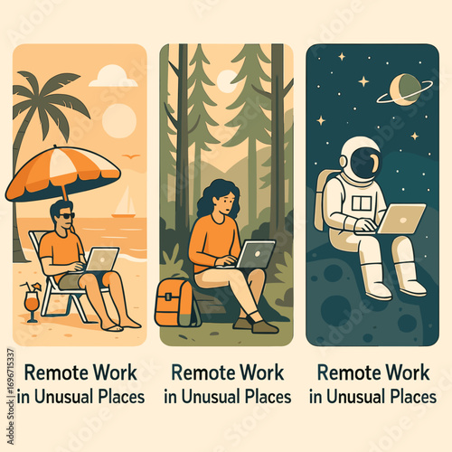 Remote work in unusual places showcasing beach, forest, and space