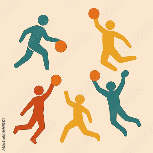 Basketball players silhouettes in dynamic poses with colorful backgrounds
