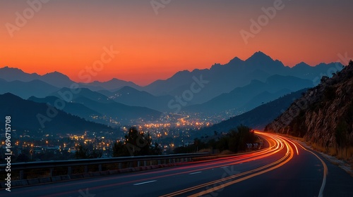 Serene Mountain Landscape at Sunset with City Lights and Curvy Road