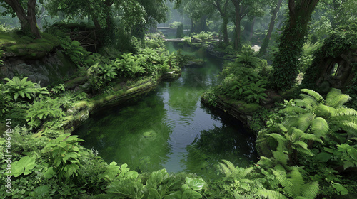 Serene Tranquil Oasis Surrounded by Lush Greenery and Ferns