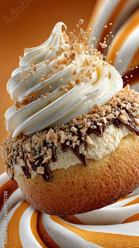 Whipped Frosting Cupcake with Nuts and Chocolate Drizzle