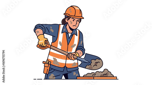 Builder: A focused builder at work, shoveling dirt, showcasing dedication and construction. 