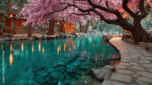Serene Cherry Blossom Landscape with Tranquil Waters and Pathway