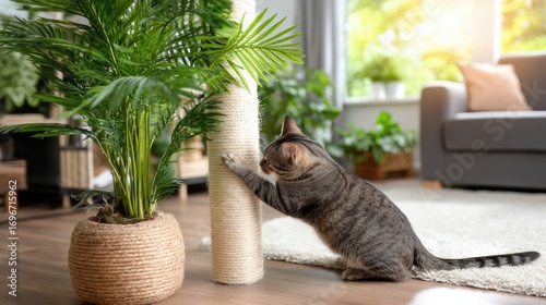 Playful Gray Cat Climbing Scratching Post Near Indoor Plant