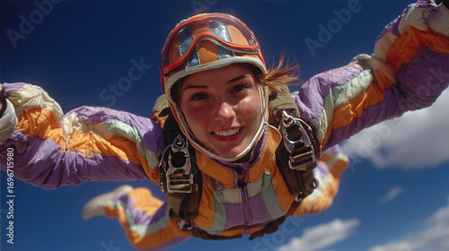 Joyful skydiver in colorful jumpsuit against blue sky backdrop
