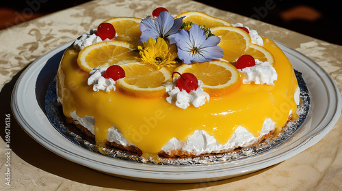 Vibrant Cake with Citrus Topping and Whipped Cream Garnish