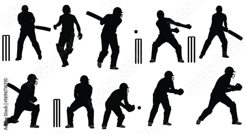various cricket player actions captured in silhouette