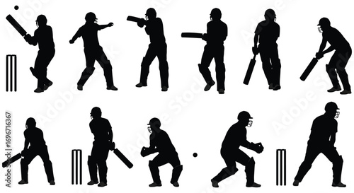 various cricket player poses captured in silhouette