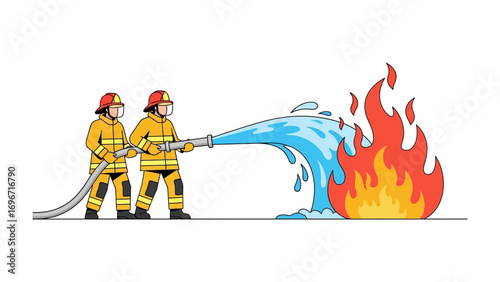 Heroic Response: Brave firefighters in protective gear combat a roaring blaze with a powerful stream of water, demonstrating courage, duty, and the unwavering spirit of saving lives.