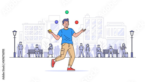 Urban Juggler's Performance: An engaging vector illustration portrays a talented juggler artist entertaining the town with precise movements, capturing the essence of skill and showmanship.