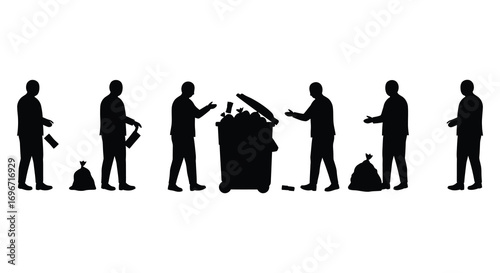 people interacting around trash bin in urban setting silhouette