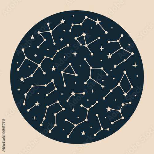 Constellation map illustration in a circular format with stars