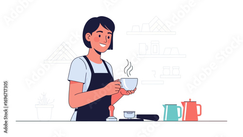 Barista's Art: A friendly barista crafts a perfect cup of coffee, radiating warmth and skill as steam curls from the aromatic brew.