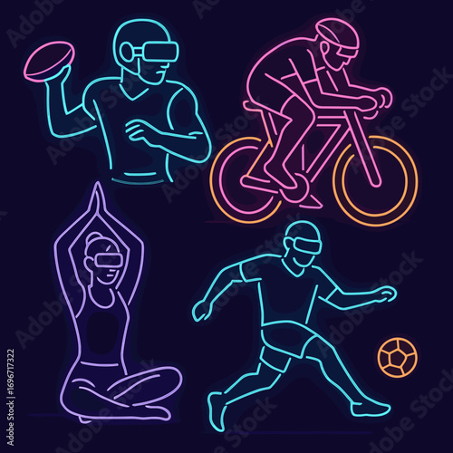 Neon sports and virtual reality activities illustration with dynamic figures
