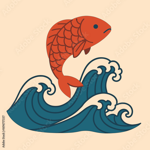 Stylized fish jumping over waves illustration in vibrant colors