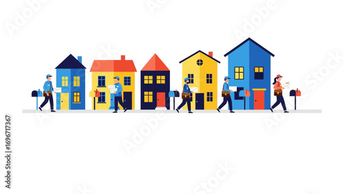 Neighborhood Delivery: Postal workers diligently traverse a colorful neighborhood, each engrossed in the important task of delivering mail to their respective destinations.