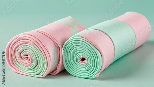 Pastel Pink and Mint Green Rolled Fabric on Smooth Background