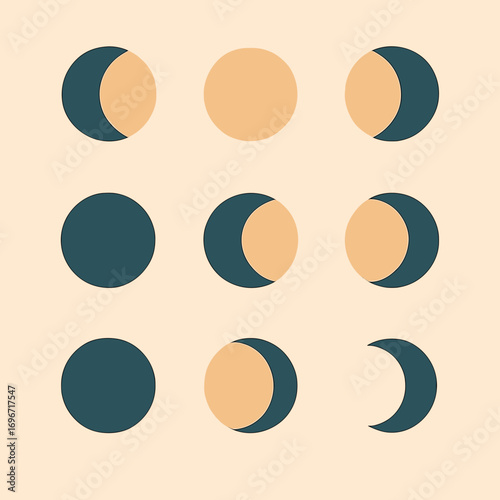 Phases of the moon illustration in a minimalist geometric style