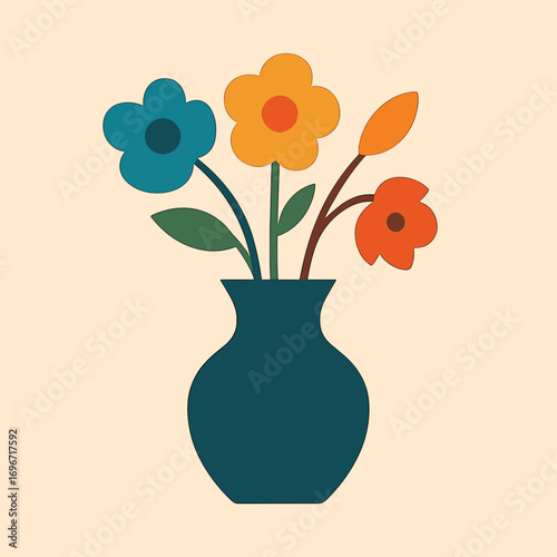 Colorful stylized flower vase with vibrant flowers in modern illustration