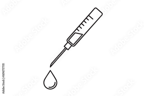 A simple line drawing of a syringe with a drop of liquid falling from its needle, isolated on white background