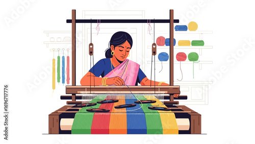 Artisan at the Loom: A skilled artisan meticulously works on a traditional loom, weaving a colorful fabric with focused dedication and cultural significance.