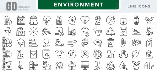 Environment linear icon set. Nature, ecology, sustainability, earth, green energy, recycling, conservation, climate, plants, pollution, vector outline icon set. UI thin line icon pack