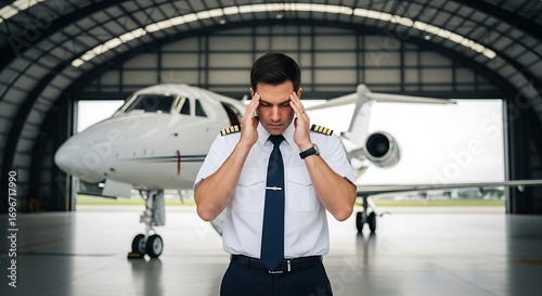 Stressed Pilot with Headache Standing in Hangar Near Private Jet