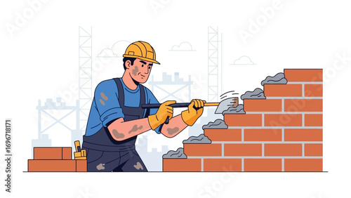 Craftsman's dedication: A skilled craftsman diligently constructing a sturdy brick wall, exemplifying the art of building with precision, dedication, and the essence of enduring construction.