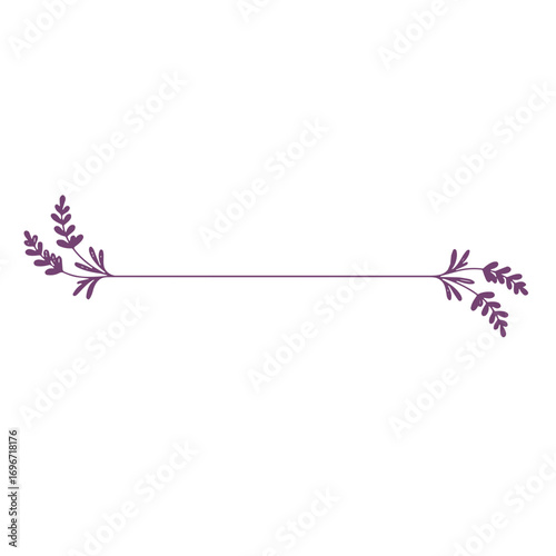 Minimal page divider featuring a graceful line with small lavender sprigs on both ends in muted lilac tone and clean thin outline on a transparent background