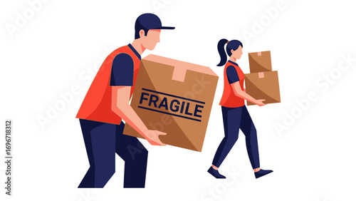 Delivery Team: A dynamic illustration featuring a delivery team efficiently transporting boxes with Fragile labels. The scene captures the essence of logistics, prompt service.