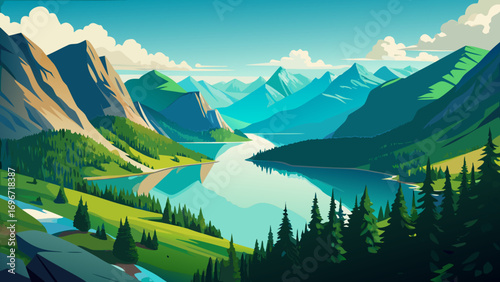 An idyllic alpine landscape with a reflective lake surrounded by a green forest and snow-capped mountain peaks under a vibrant sky