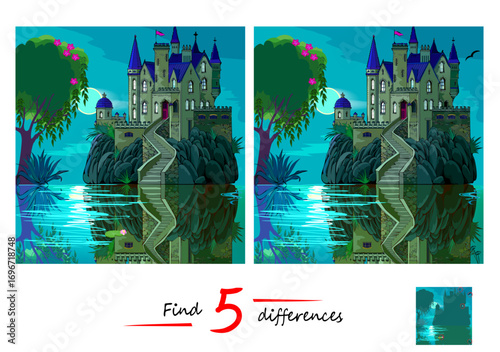 Find 5 differences. Logic puzzle game for children and adults. Drawing of a landscape with a castle and a lake at night. Page for kids brain teaser book. Hand drawn vector Illustration.