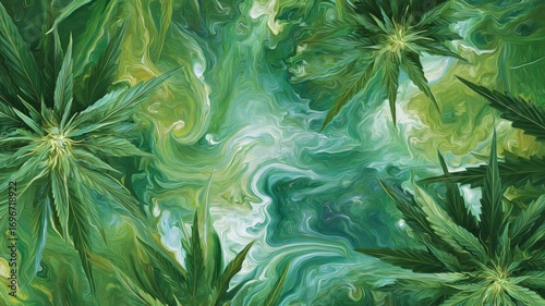 Lush greenery in abstract swirl patterns. Artificial intelligence image