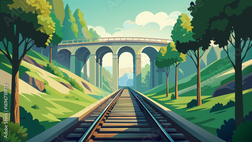 Old stone railway viaduct with many arches spanning a wide river in a natural landscape