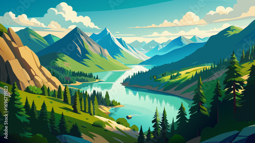 A breathtaking mountain landscape with a calm lake reflecting the sky and surrounding peaks