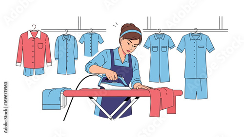 Ironing and Attire: An illustrative depiction captures the essence of domestic life, with a woman meticulously ironing clothes.